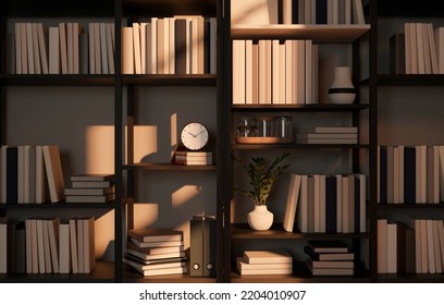 Modern Bookshelves Background With Different Kinds Of Books And Home Decor. Bookcase, Bookshelf, Library, Reading Room. 3d Rendering, 3d Illustration