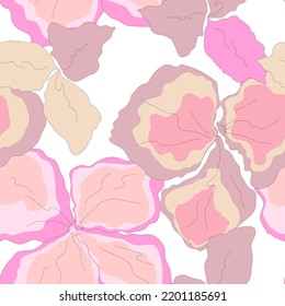 Modern Botanical Print With Very Large Flowers In Pink Palette. Seamless Composition On White Background. Vintage Style. For Textile, Fabric Print, Packing, Wrapping, Wallpaper, Cover.