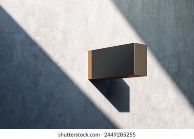 Modern box sign mockup with shadow on a textured concrete wall. 3D Rendering