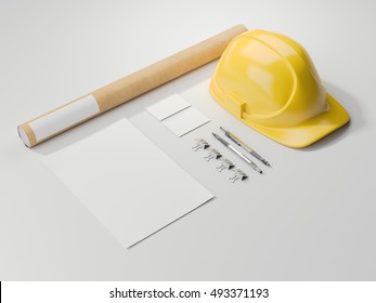 Modern branding mockup with yellow helmet. 3d rendering - Powered by Shutterstock