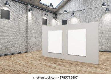 Modern Brick Warehouse Interior With Two Empty Posters On Wall. Design And Style Concept. Mock Up, 3D Rendering