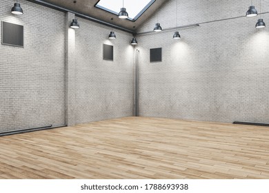 Modern Brick Warehouse Interior With Wooden Floor And Blank Wall. Design And Style Concept. Mock Up, 3D Rendering