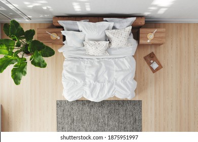Modern Bright Bedroom With Double Bed And White Bed Linen From Above (3d Rendering)