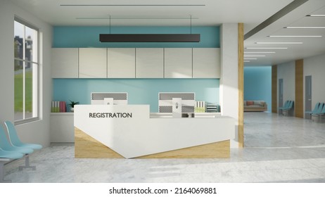 Modern Bright And Clean Hospital Or Clinic Reception Waiting Room Area Interior Design With Computer On Modern Reception Desk Over Blue Wall. 3d Rendering, 3d Illustration