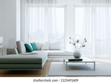 Modern bright flat interior design with sofas 3d Illustration
