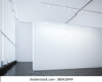 Modern Bright Gallery With White Wall And Spotlights. 3d Rendering