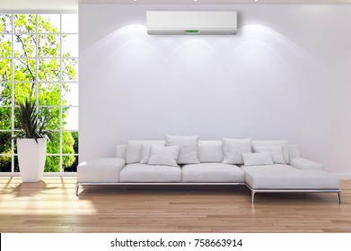 Modern bright interior with air conditioning, 3D rendering illustration