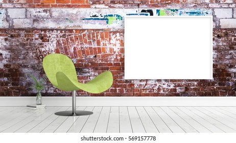 Modern bright interior with empty frame . 3D rendering