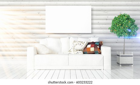 Modern bright interior with empty frame . 3D rendering