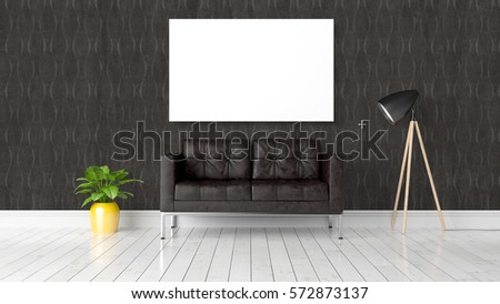 Modern bright interior with empty frame . 3D rendering