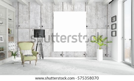 Modern bright interior with empty frame . 3D rendering