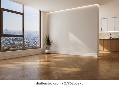 Modern bright interior empty room with large window, wood floor, clean wall and open kitchen. Mock up. Suitable for interior rooms furniture template. 3d Render