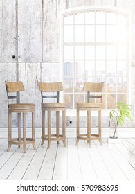 Modern bright interior with large window . 3D rendering