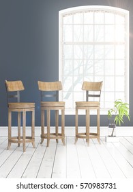 Modern bright interior with large window . 3D rendering