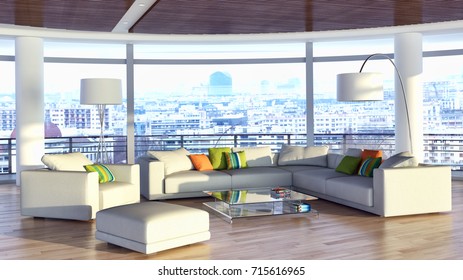Modern bright interiors. 3D rendering illustration