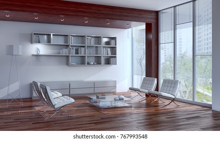 Modern bright interiors 3D rendering illustration