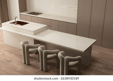 Modern bright kitchen and dining island with beige glossy quartz installed, grey, white and soft toned kitchen interior background. 3D Illustrations. 3D Rendering