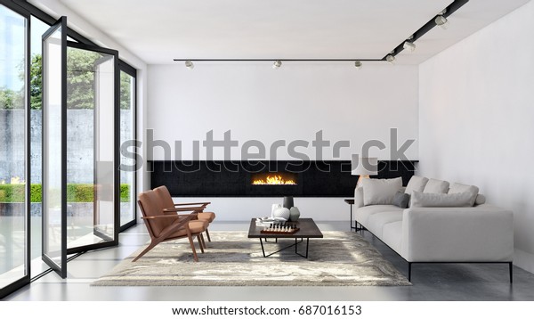 Modernes Helles Wohnzimmer Inneneinrichtung 3d Rendering Stockillustration