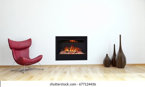 Modern Bright Living Room Lounge Interior With Fire Place. 3D Rendering