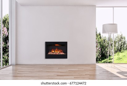 Modern Bright Living Room Lounge Interior With Fire Place. 3D Rendering