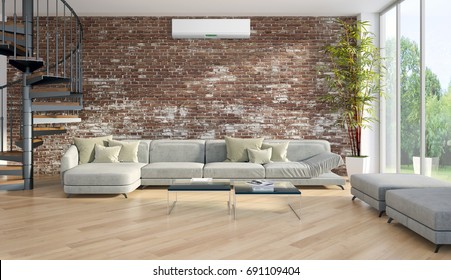 Modern Bright Living Room Lounge Interior With Air Conditioning. 3D Rendering