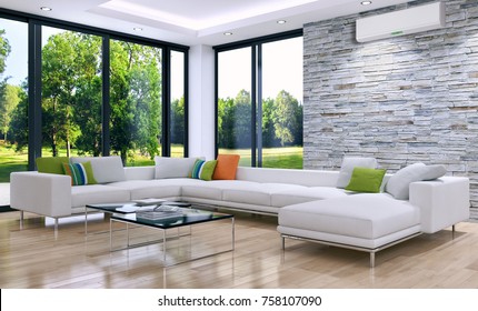 Modern bright room with air conditioning, 3D rendering illustration
