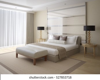 Modern bright and spacious bedroom with stylish rear background, and comfortable bed 3d rendering.