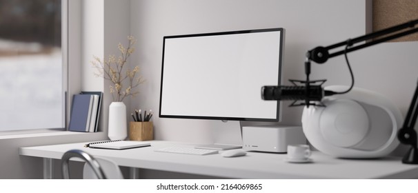 Modern broadcasting workspace with pc computer mockup, accessories, modern speakers, and modern microphone. Podcast, live streaming, online radio. 3d rendering, 3d illustration