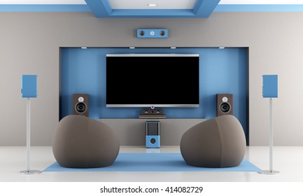modern brown and blue home theater with two fashion armchair - 3d rendering