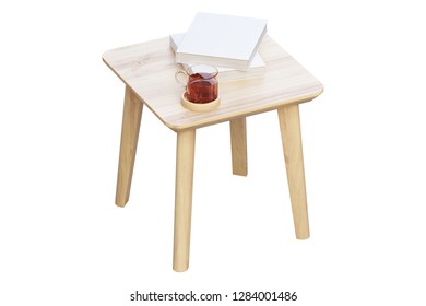 Modern brown wood rectangular coffee table with books and cup of tea on thin legs on white background. 3d render.