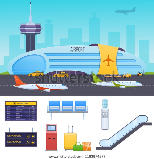 Modern\
building airport, neighborhood, city street, services taxi and\
loader, passenger terminal, waiting room. Information board, stand\
with pointer, furniture, baggage\
illustration