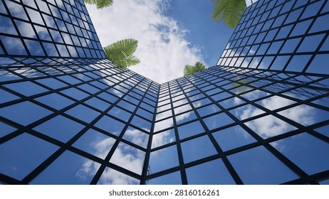 Modern building window facade leaf palm trees cloud sky 3d render. 3D Illustration
