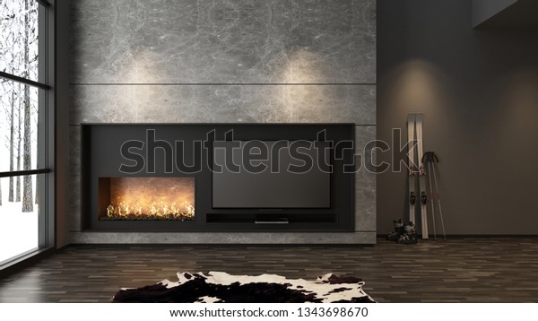 Modern Builtin Tv Marble Stone Wall Stock Illustration 1343698670