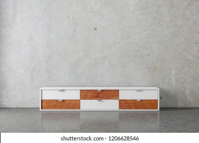 Modern Bureau Or Tv Console Mockup In Empty Concrete Room, 3d Rendering