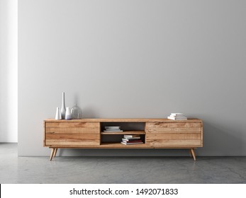 Modern Bureau Or Tv Console Mockup In Empty Living Room, 3d Rendering