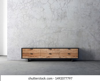 Modern bureau or tv console mockup in empty living room with concrete wall, 3d rendering