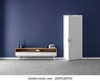 Modern Bureau Tv Console Mockup Room With Open White Door, 3d Rendering