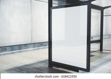 Modern Bus Stop With Blank White Poster. Close Up, Mock Up, 3D Rendering