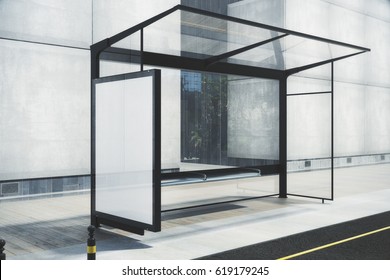 Modern Bus Stop With Blank White Poster. Mock Up, 3D Rendering