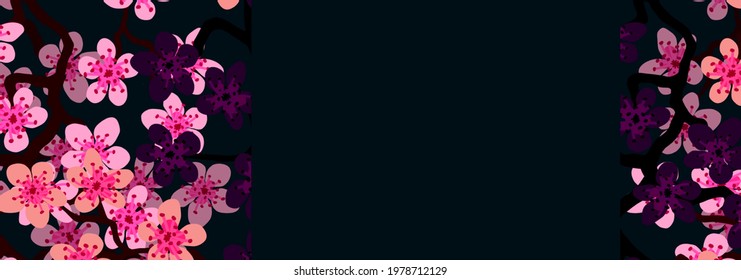 Modern Business card Design Template with pink sakura cherry blossom flower decoration on black background. Template of premium gift voucher, discount coupon, Greeting card, packing. Copy space text - Powered by Shutterstock