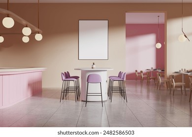 Modern cafe interior with blank poster on wall, minimalistic design, light background, concept of cafe menu template.  3D Rendering - Powered by Shutterstock