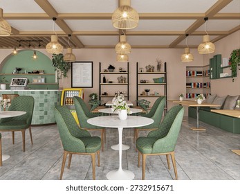 Modern cafe interior with empty tables and warm lighting