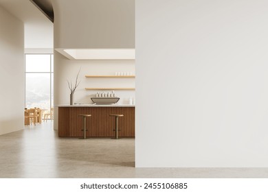 Modern cafe interior with empty wall, wooden counter, and natural light background, concept of cozy space. 3D Rendering