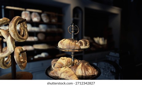 A modern cafe interior showcasing a table topped with two trays of delectable pastries.