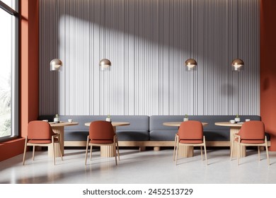 A modern cafe interior with stylish furniture and clean design, featuring a warm color palette, 3D Rendering - Powered by Shutterstock