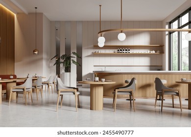 Modern cafe interior with wooden furniture, hanging lights, and large windows, light background, concept of dining space. 3D Rendering - Powered by Shutterstock