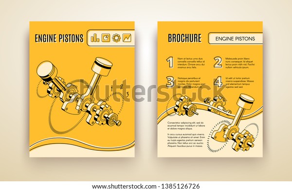 Modern car industry technologies brochure or poster\
isometric template with engine pistons on crankshaft and gears,\
line art illustration. Automobile repair shop, motor vehicle\
company ad flyer