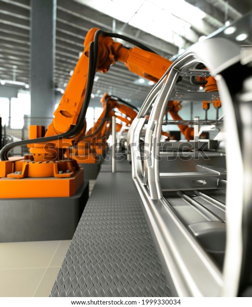 Modern car production line with robotic arms\
welding components 3d\
render