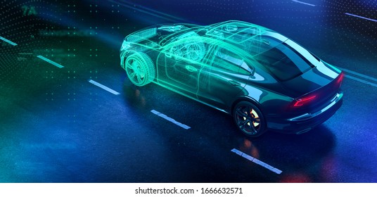 Modern Car Technology Concept With Wireframe Intersection (3D Illustration)