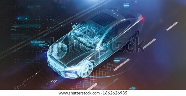 Modern car technology concept with\
wireframe intersection (3D\
illustration)